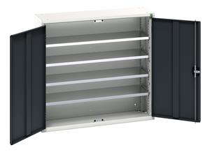Verso storage bin cupboard with 4 shelves, 30 bins. WxDxH: 1050x350x1000mm. RAL 7035/5010 or selected Bott Verso Basic Tool Cupboards Cupboard with shelves